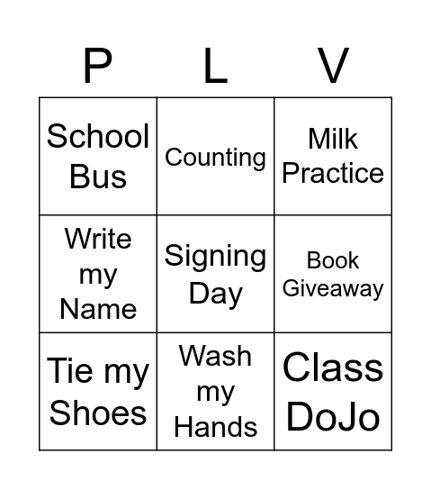 Kindergarten Camp Bingo Card