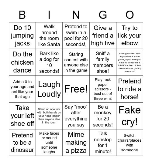Camp Quality Action Bingo Card