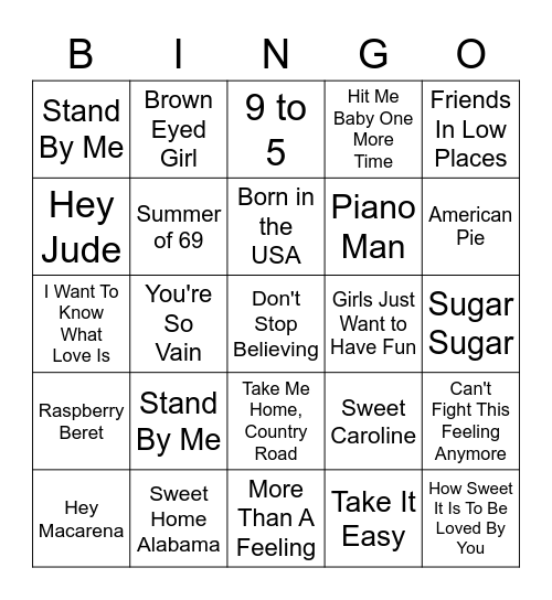 Oldies Music Bingo Card