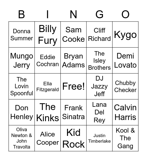 Summer themed songs Bingo Card