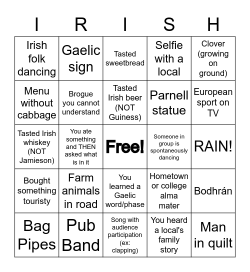 Ireland Trip July 2022 Bingo Card