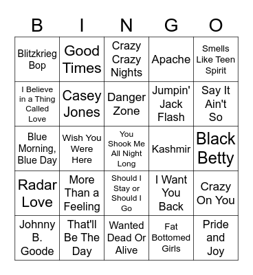 Let's Air Guitar Bingo Card