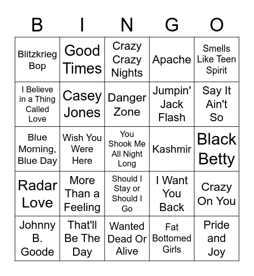 Let's Air Guitar Bingo Card