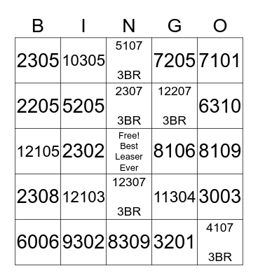FALL LEASING CONTEST Bingo Card
