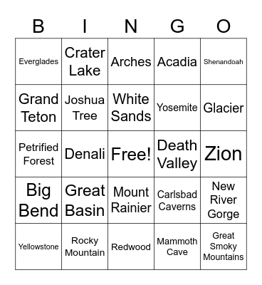 National Parks Bingo! Bingo Card