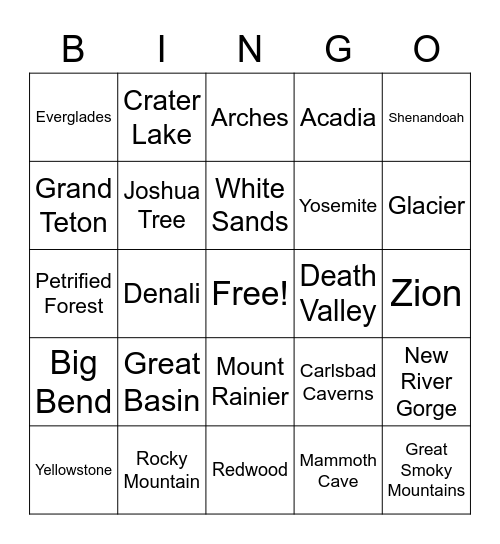 National Parks Bingo! Bingo Card