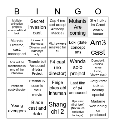SDCC 2022 Bingo Card