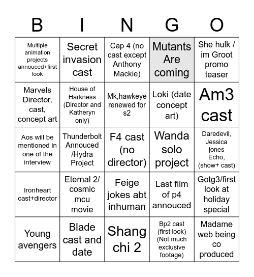 SDCC 2022 Bingo Card