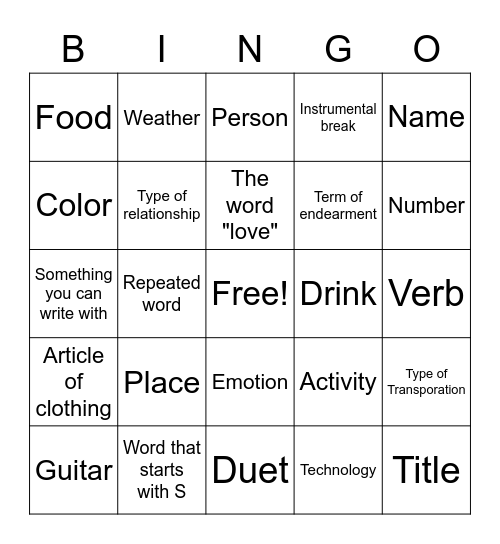 Music Bingo Card