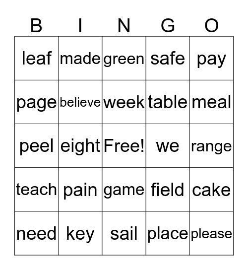 Long Vowel Patterns Bingo Card