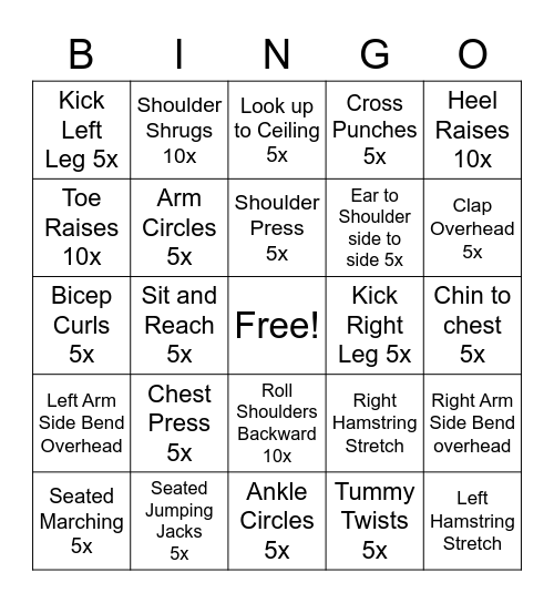 Chair Exercises Bingo Card