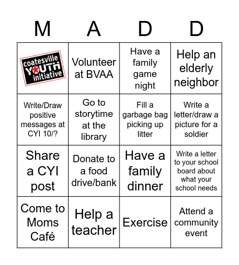 CYI MADD Challenge: Elementary Bingo Card