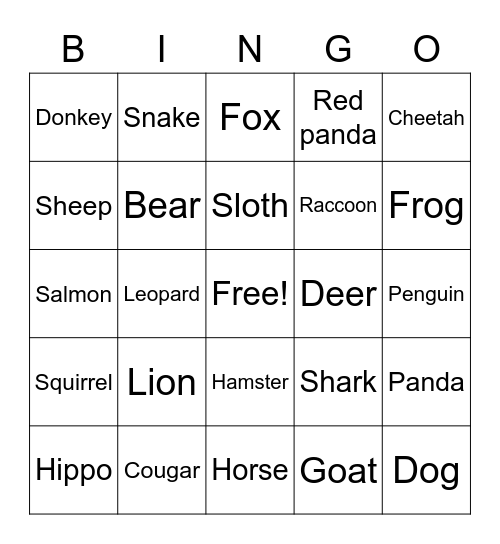 Animal Bingo Card