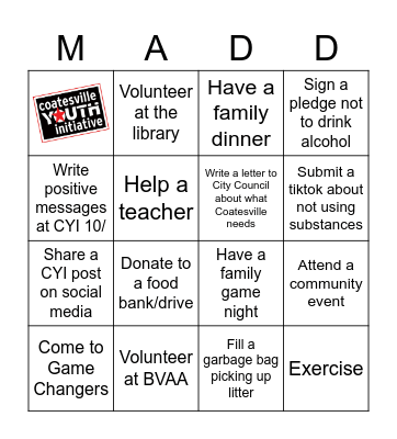 CYI MADD Challenge: 6 - 12 grades Bingo Card