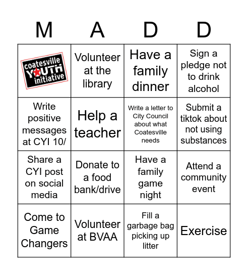 CYI MADD Challenge: 6 - 12 grades Bingo Card