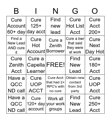 BONUS CURE BINGO Card