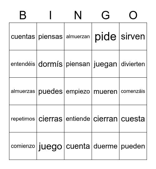 Spanish 2 - stem-changing verbs Bingo Card
