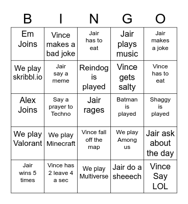 Jair & Vince's BINGO Card