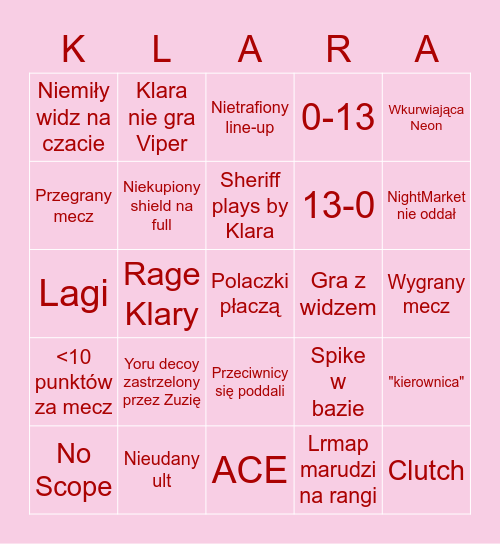 Klara bingo valorant Bingo Card