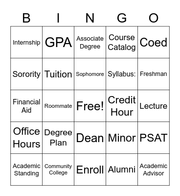 College Bingo Card
