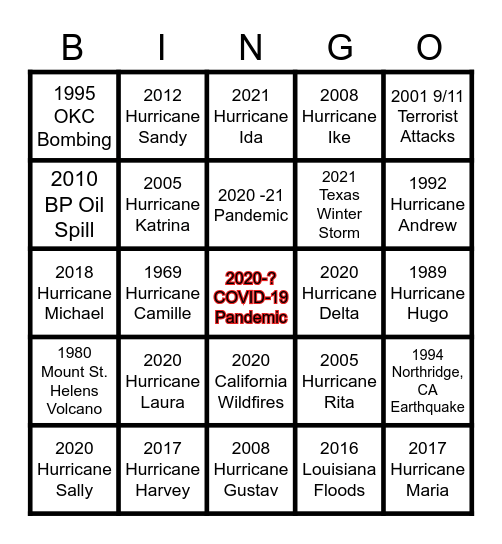 Disaster Management Bingo Card