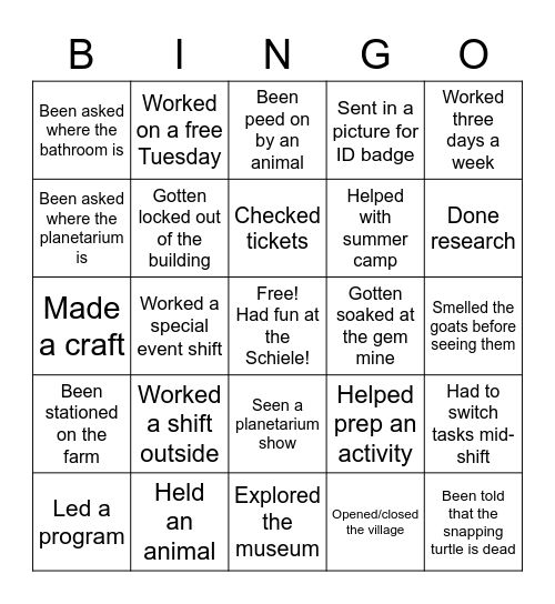 Volunteer Experiences Bingo Card