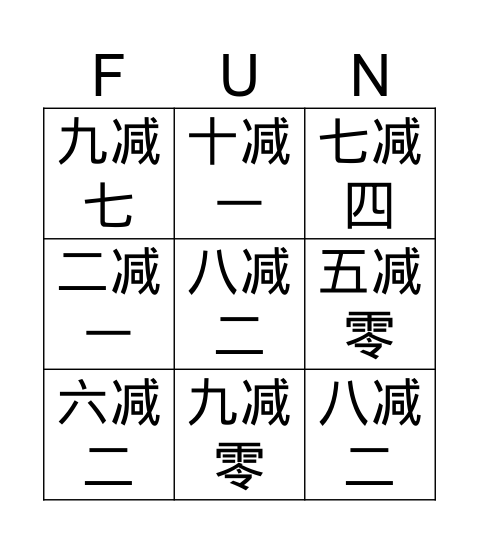 Chinese Math Bingo Card
