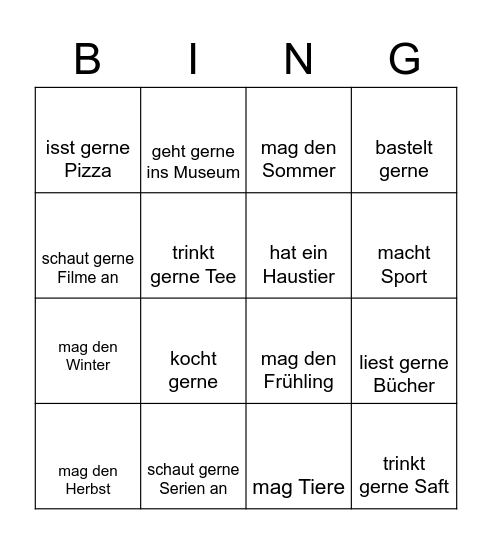 Bingo Vorlieben Bingo Card