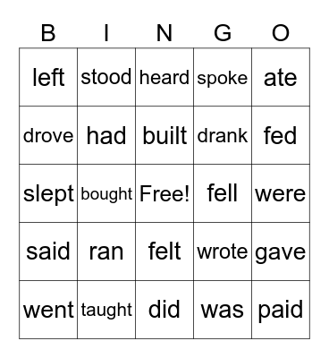 Simple Past Verbs Bingo Card