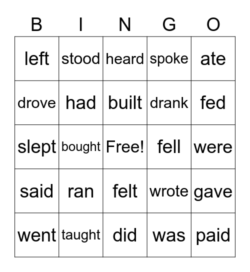 Simple Past Verbs Bingo Card