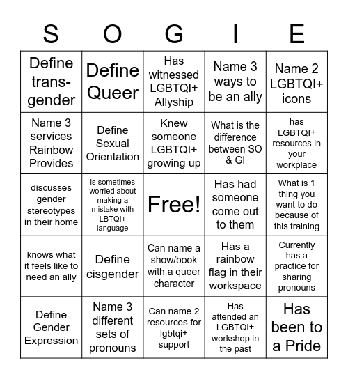 SOGIE Training Bingo Card