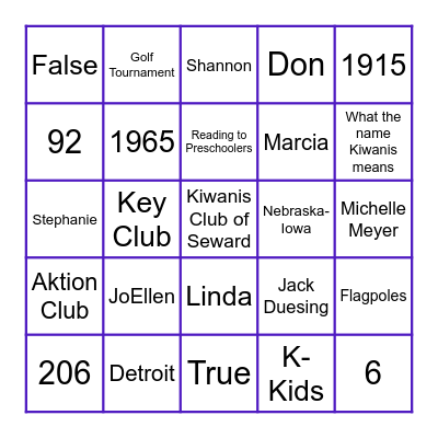 Kids Need Kiwanis-O Bingo Card