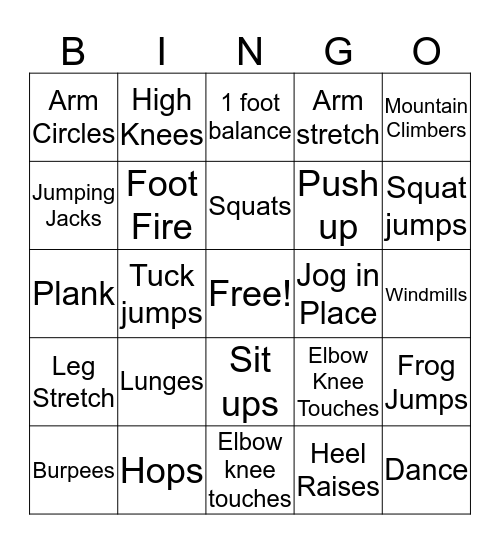 Fitness Bingo Card