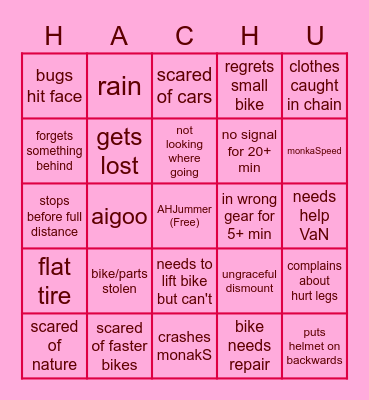 Hachu Bike Trip Bingo Card