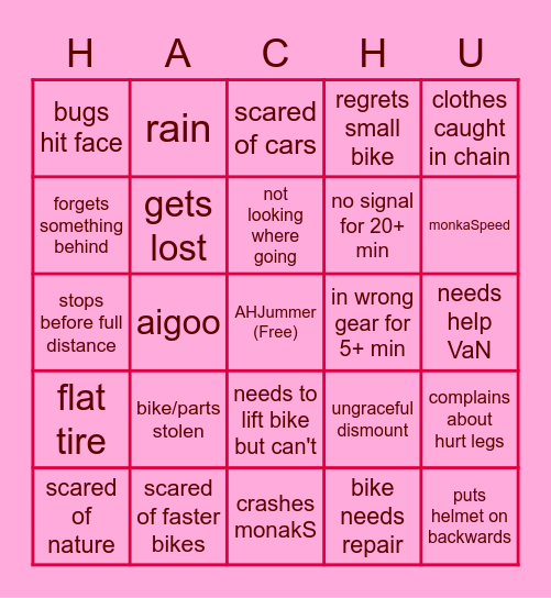 Hachu Bike Trip Bingo Card