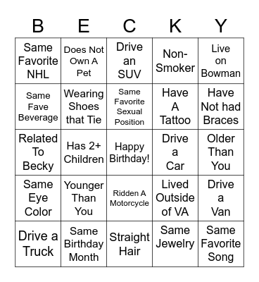 Becky's Birthday Bingo Card