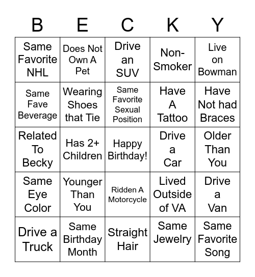 Becky's Birthday Bingo Card