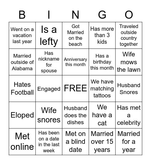 MARRIAGE Bingo Card