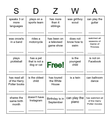 Getting to Know You! Bingo Card