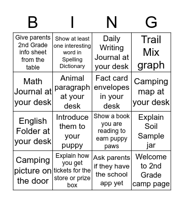 Second Grade Open House Bingo Card