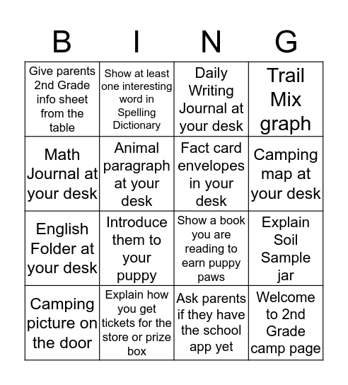 Second Grade Open House Bingo Card