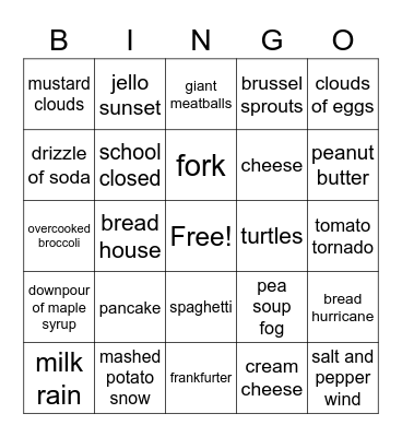 Cloudy with a Chance of Meatballs Bingo Card