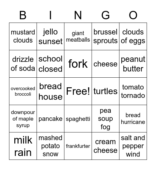 Cloudy with a Chance of Meatballs Bingo Card