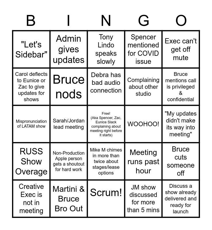 Production/Programming Meeting Bingo Card