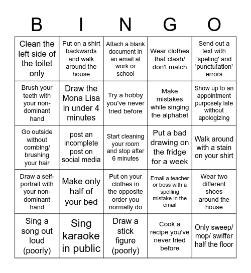 Perfectionism Bingo Card