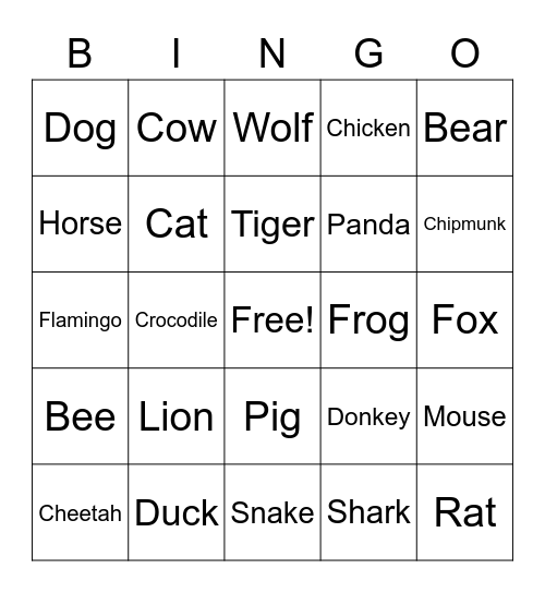 Animals Bingo Card