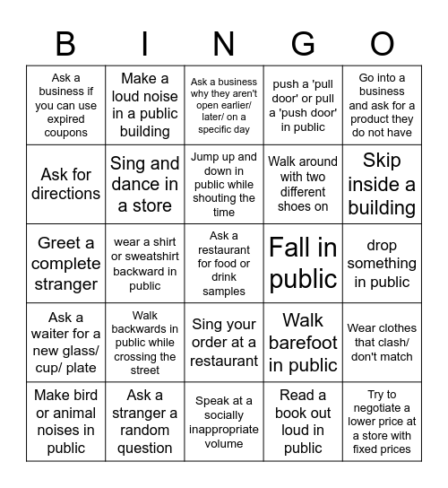 Social Anxiety Bingo Card