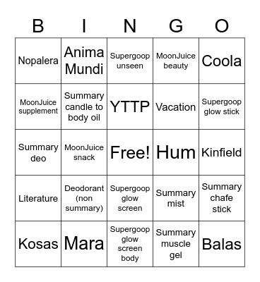 Beauty bingo Card