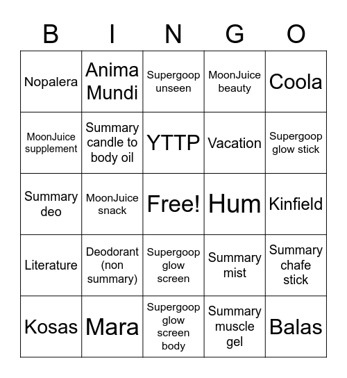 Beauty bingo Card