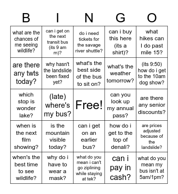 Reservations Bingo Card